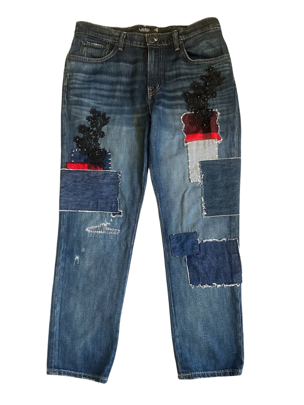 Lauren Ralph Lauren Patchwork Blue Jeans 10 Patch Lace Plaid Tapered Ankle Y2K - Picture 3 of 8